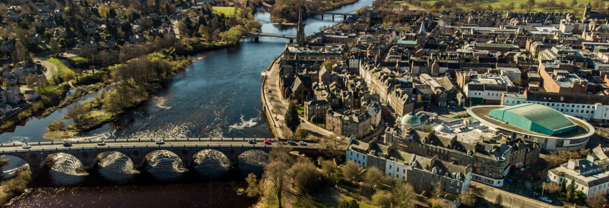 Perth City Centre, Scotland, by drone Featuring the River Tay, Horsecross and the North Inch - SHIFT, Perth & Kinross Climate Change Commission